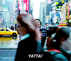 Hiro from Heroes throwing his arms in the air and shouting yatta